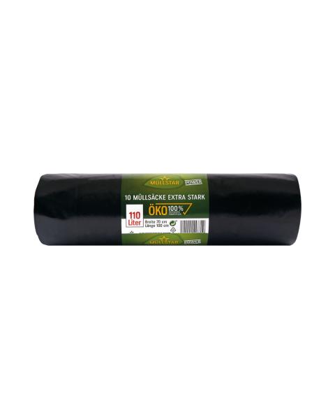 muellstar Oeko Muellsaecke 110 Liter, extra stark, schwarz blickdicht, 70 mal 100 cm, aus Polyethylen, 10 Stueck